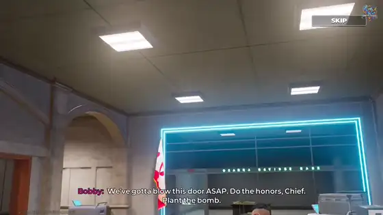 Gangstar Mirage City tutorial vault — planting charges on the Aurora Bank door