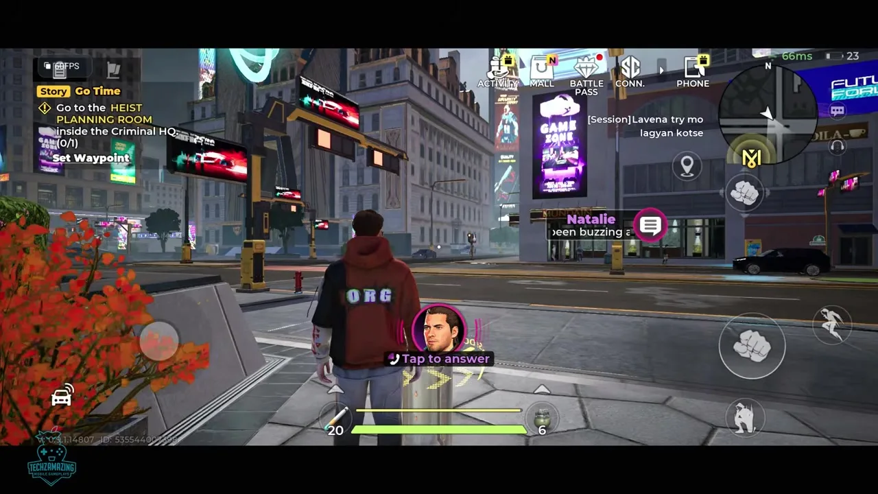 Gangstar Mirage City contact handing a crew job — heists are not random muggings
